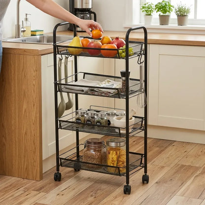 CARLA HOME 4 Tier Rolling Kitchen Trolley Cart - Metal Mesh - Black - Basic - Steel