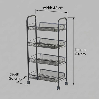 CARLA HOME 4 Tier Rolling Kitchen Trolley Cart - Metal Mesh - Black - Basic - Steel