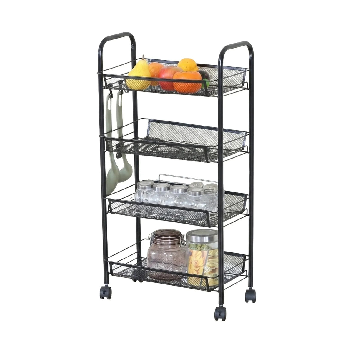 CARLA HOME 4 Tier Rolling Kitchen Trolley Cart - Metal Mesh - Black - Basic - Steel