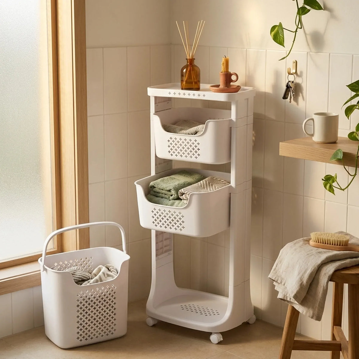 CARLA HOME 3 Tier Rolling Laundry Basket - White with Wheels - Basic - Plastic - 3 - tier Rolling Laundry