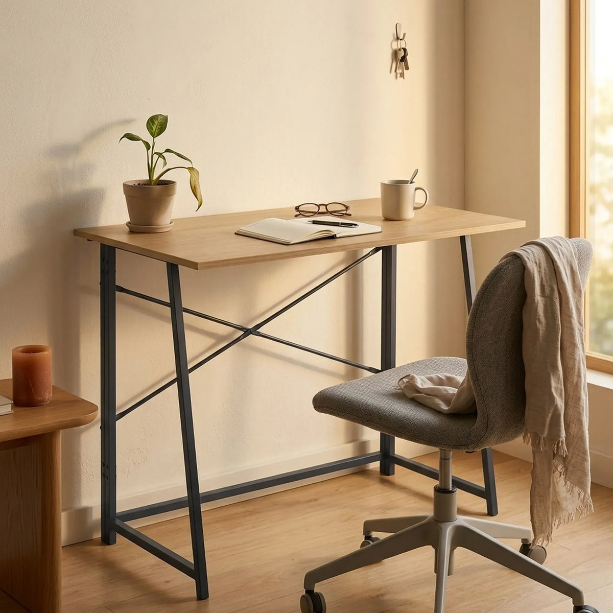 CARLA HOME Foldable Computer Desk - Oak Steel Frame Study Table - Brown - Foldable Desk