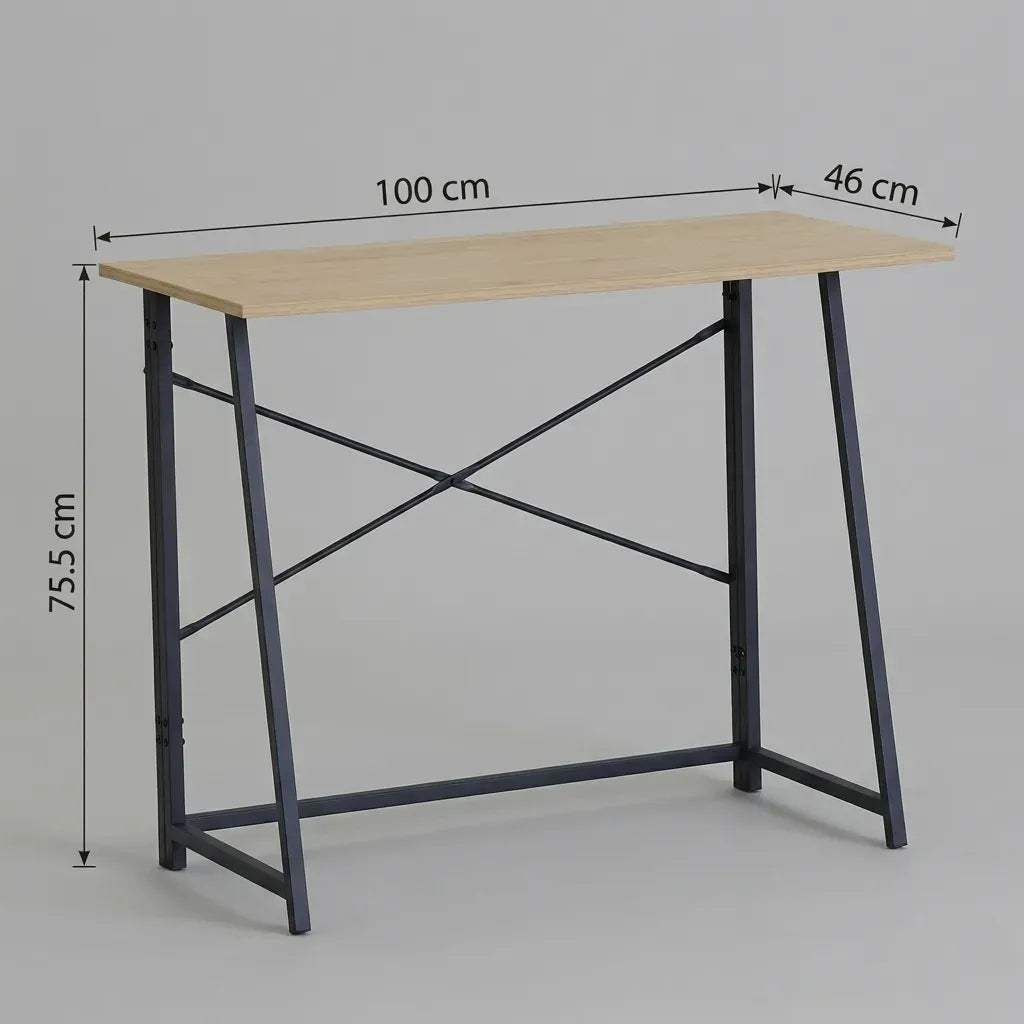 CARLA HOME Foldable Computer Desk - Oak Steel Frame Study Table - Brown - Foldable Desk