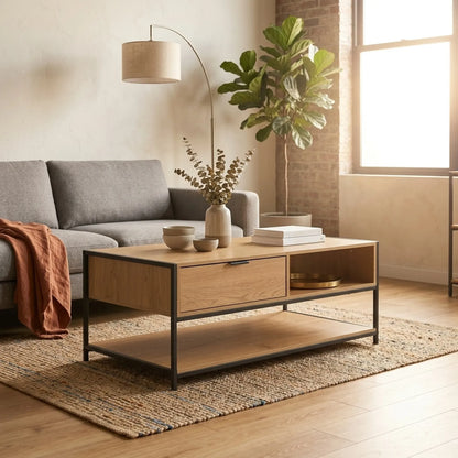 CARLA HOME Coffee Table with Drawer - Wood and Metal Frame - Brown - Rustic - Steel