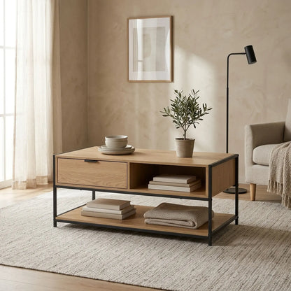 CARLA HOME Coffee Table with Drawer - Wood and Metal Frame - Brown - Rustic - Steel