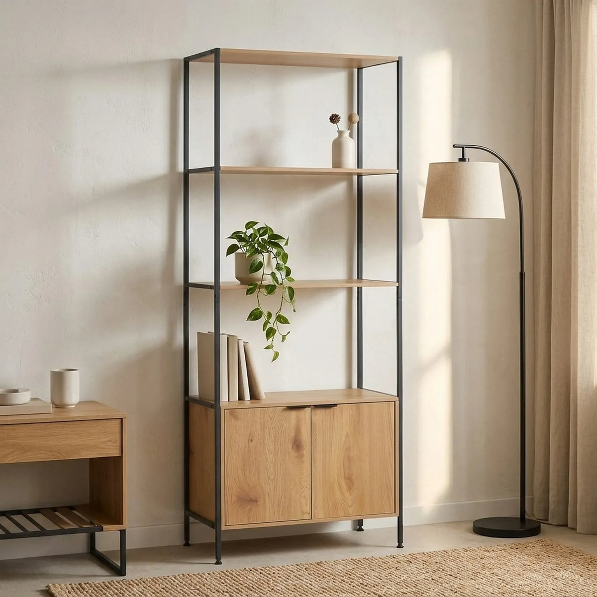 CARLA HOME Bookcase with Cabinet - 3 - Tier Display Shelf - Brown - Storage Cabinet