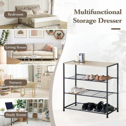 CARLA HOME 4 Tier Shoe Rack with Mdf Top Shelf - Metal - Brown - Rustic - Steel - Metal Mesh Shelves