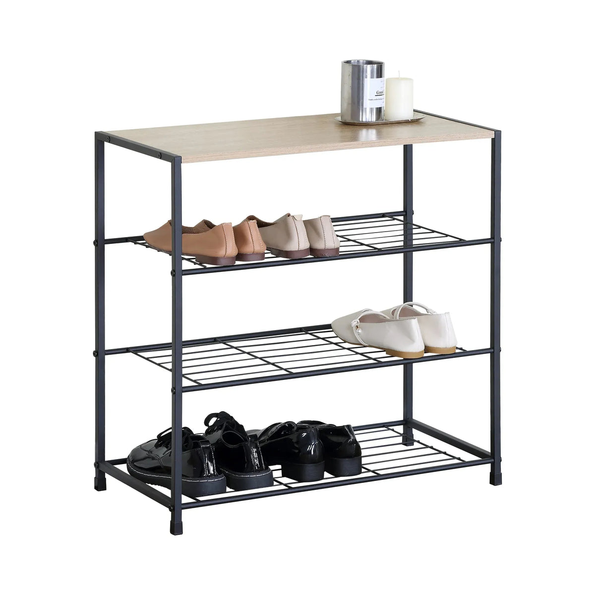 CARLA HOME 4 Tier Shoe Rack with Mdf Top Shelf - Metal - Brown - Rustic - Steel - Metal Mesh Shelves