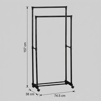CARLA HOME Double Rod Garment Rack with Wheels - Black - Basic - Steel - Double Rod Clothes
