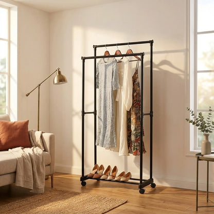 CARLA HOME Double Rod Garment Rack with Wheels - Black - Basic - Steel - Double Rod Clothes
