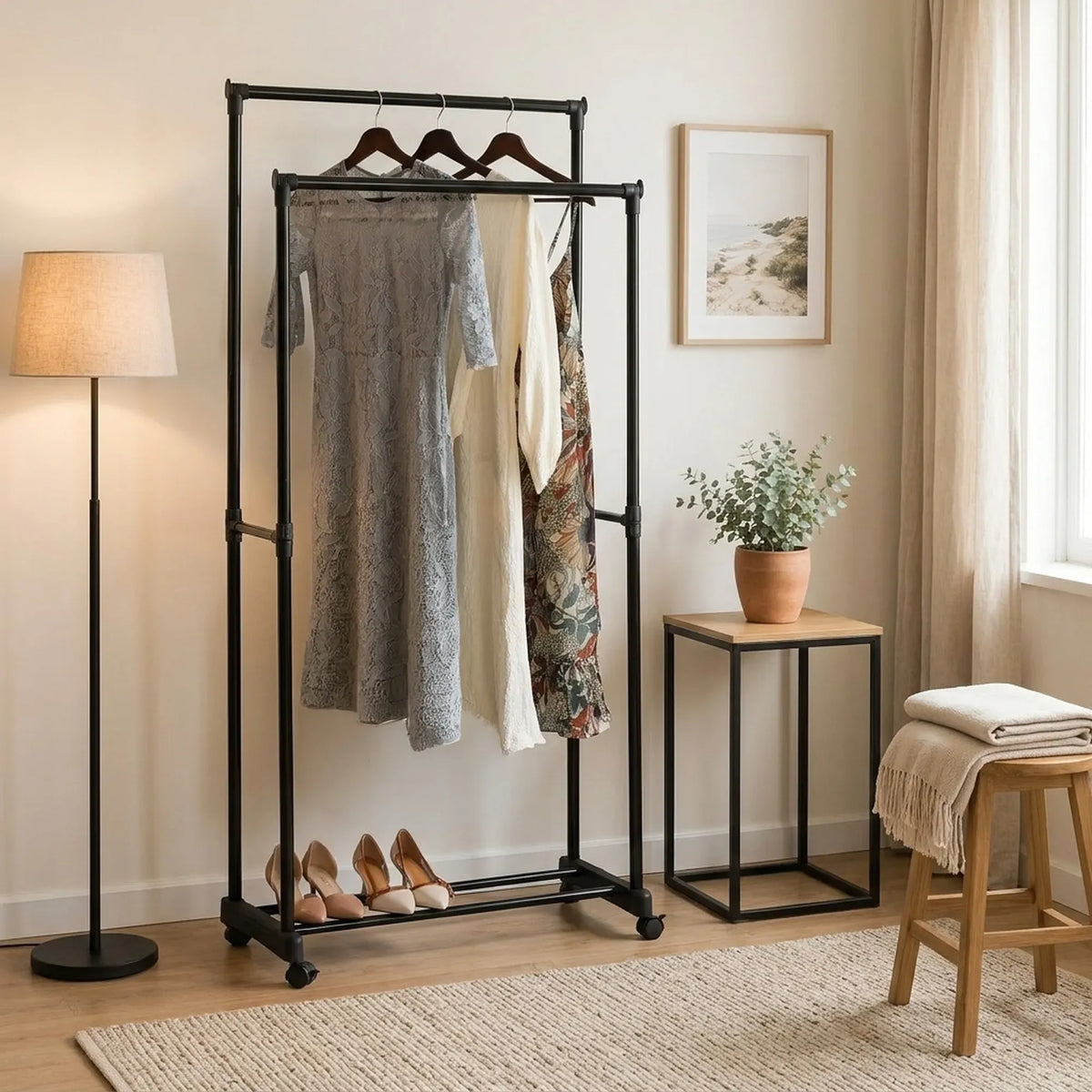 CARLA HOME Double Rod Garment Rack with Wheels - Black - Basic - Steel - Double Rod Clothes