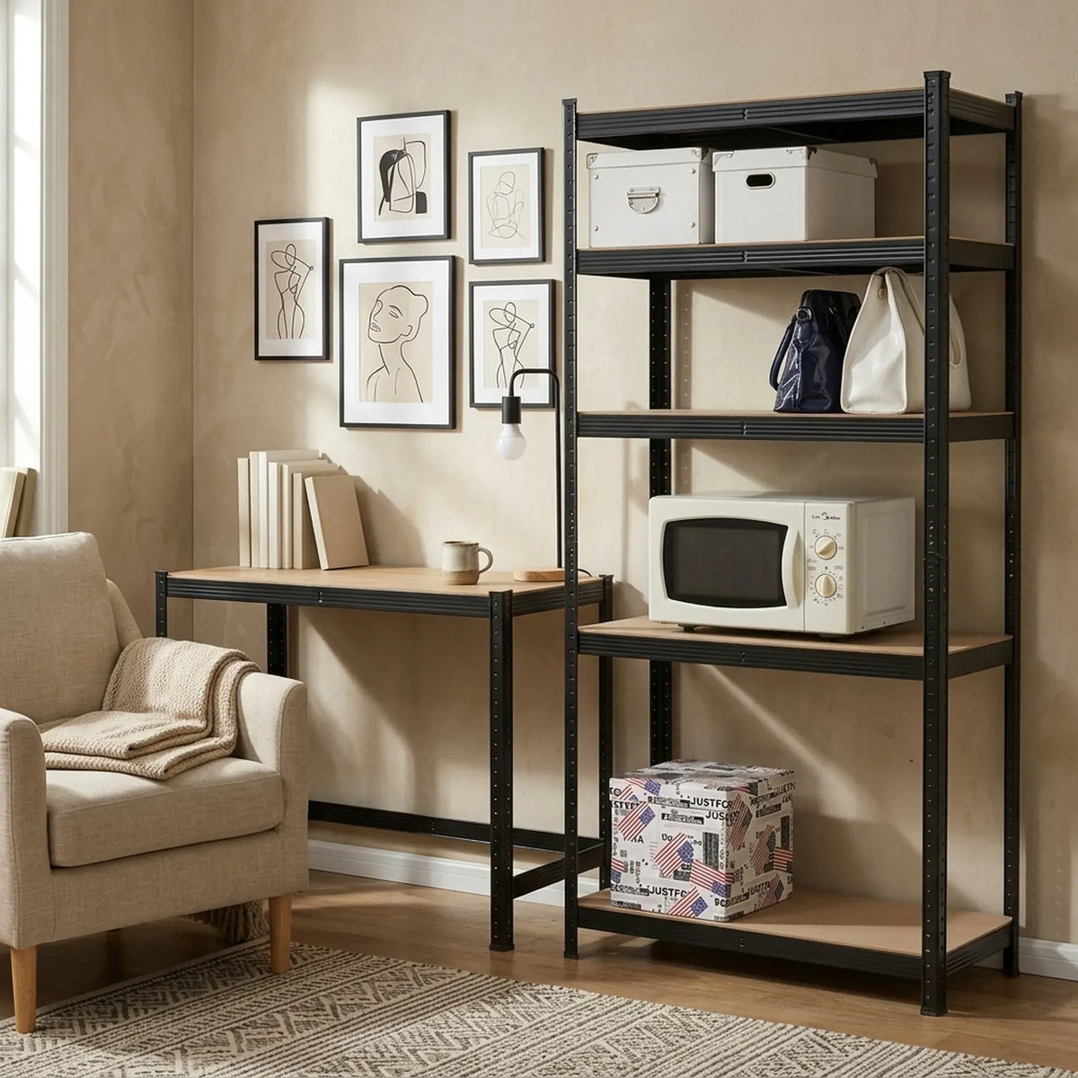 CARLA HOME 5 Tier Steel Shelving Unit - Garage Storage Shelf - Black - Modern