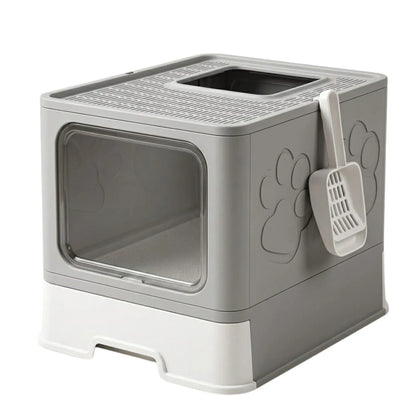 CARLA HOME Foldable Enclosed Cat Litter Box with Scoop - Grey - Plastic - Kitty Litter Tray