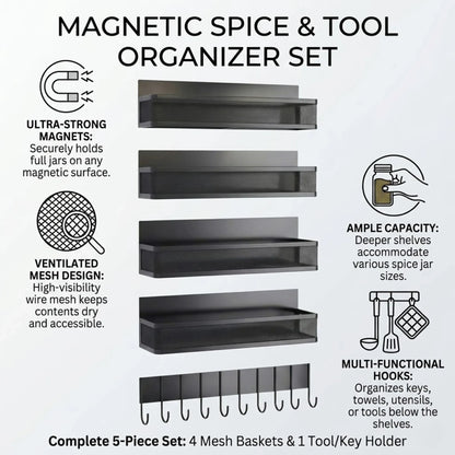 CARLA HOME 5 Pack Magnetic Spice Rack for Fridge Kitchen with Hook Bar