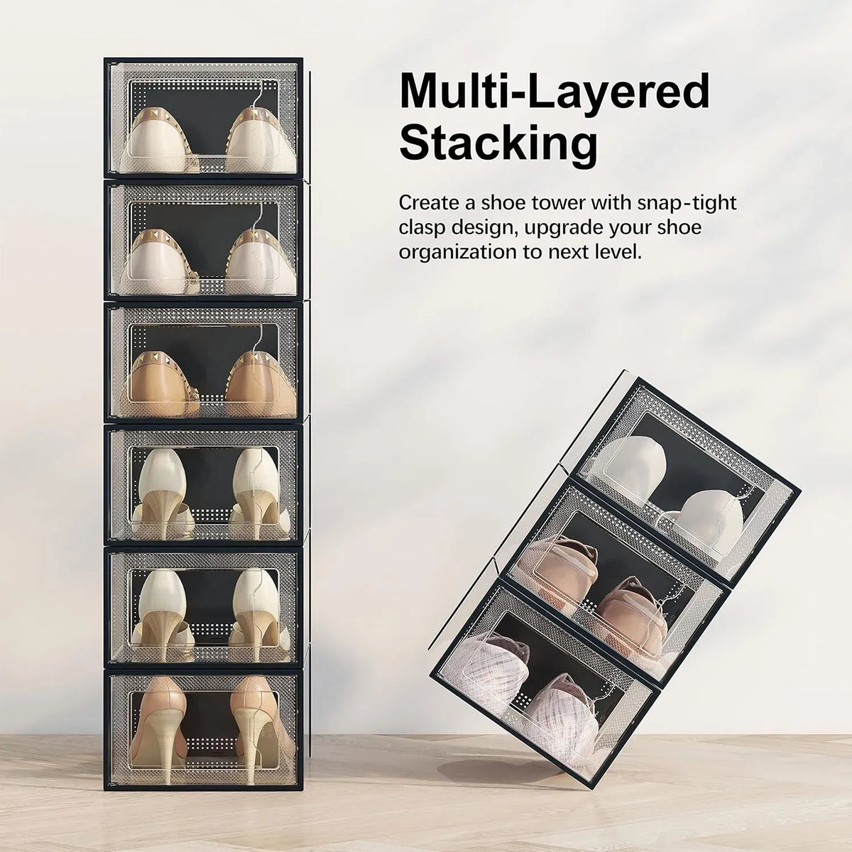 CARLA HOME 18-Pack Shoe Storage Boxes - Clear Stackable - Black - Shoe Box Storage
