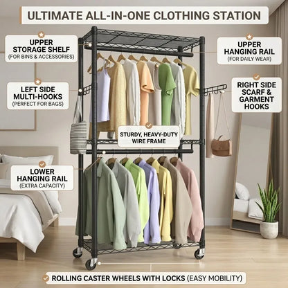 CARLA HOME Double Rail Garment Rack with Shelves - Rolling - Portable Wardrobe