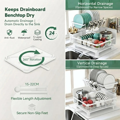 CARLA HOME 2 tier Dish Drying Rack with Drainboard & Utensil Holder for Kitchen (White)