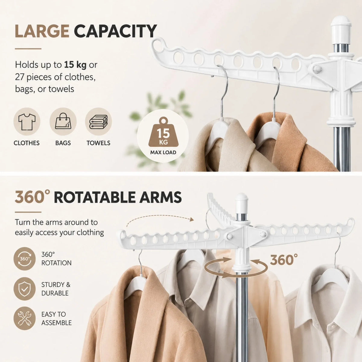 CARLA HOME Folding Clothes Drying Rack, 3 Rotatable Arms, Stainless Steel