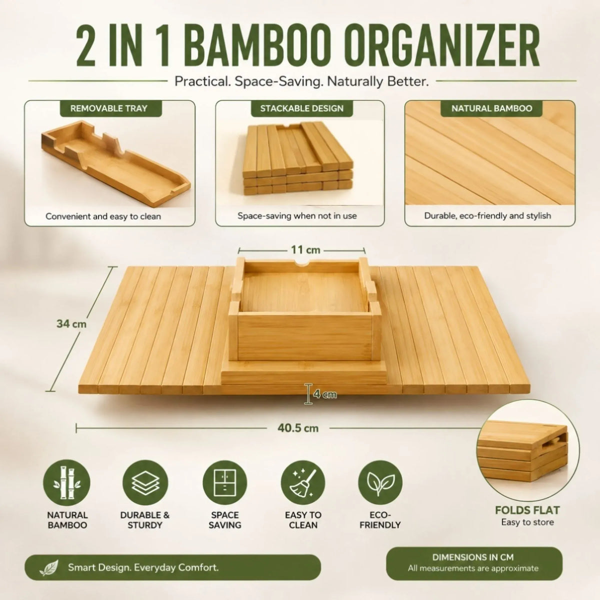 CARLA HOME Bamboo Sofa Armrest Tray, Couch Arm Table, Non-Slip Tray Table