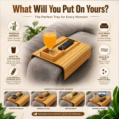 CARLA HOME Bamboo Sofa Armrest Tray, Couch Arm Table, Non-Slip Tray Table