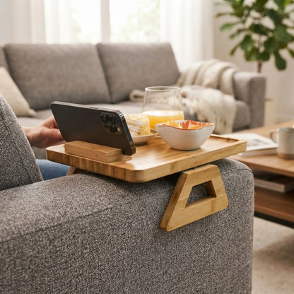 CARLA HOME Bamboo Sofa Arm Tray, 360° Rotating Phone Holder Clip, Couch cup