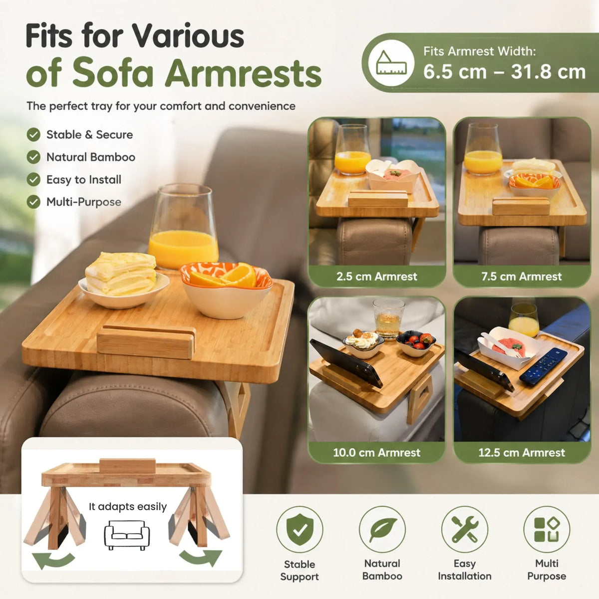 CARLA HOME Bamboo Sofa Arm Tray, 360° Rotating Phone Holder Clip, Couch cup