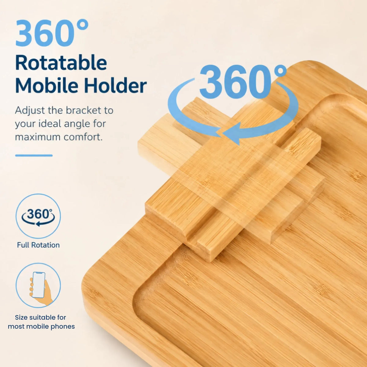CARLA HOME Bamboo Sofa Arm Tray, 360° Rotating Phone Holder Clip, Couch cup