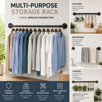 CARLA HOME 2-Pack Wall Mounted Industrial Pipe Clothes Rack - Black - Storage Rack