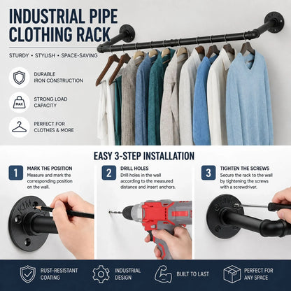 CARLA HOME 2-Pack Wall Mounted Industrial Pipe Clothes Rack - Black - Storage Rack
