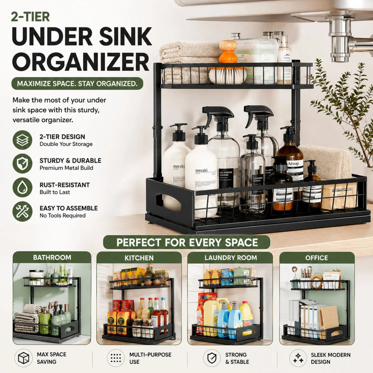 CARLA HOME Under Sink Organiser 2-Pack - Sliding Drawer - Black - Adjustable Under Sink Organiser