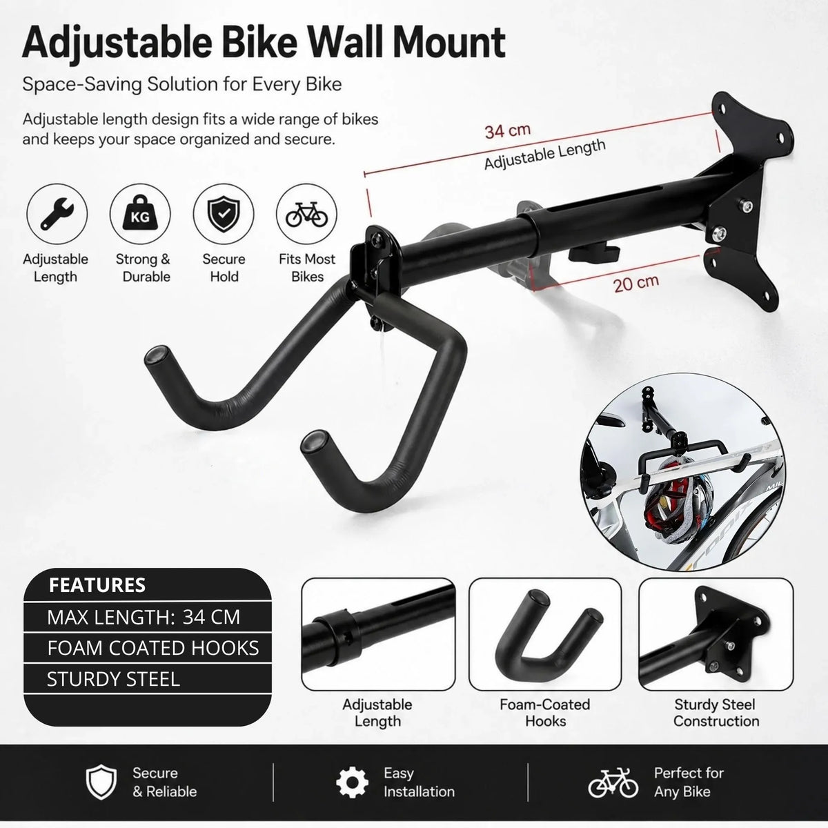 CARLA HOME 2-Pack Bike Wall Mount Rack - Adjustable Hook - Black - Adjustable Fixed Bike