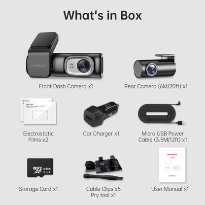 2 Channel 4K Dashcam with 1080P, 5G WiFi, GPS, Parking Monitor, Voice Control, Free 64GB TF Card