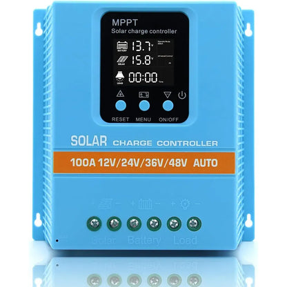 100A MPPT Solar Charge Controller with LCD Display and Dual USB Ports in Blue
