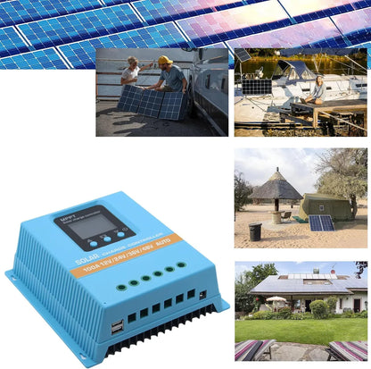 100A MPPT Solar Charge Controller with LCD Display and Dual USB Ports in Blue