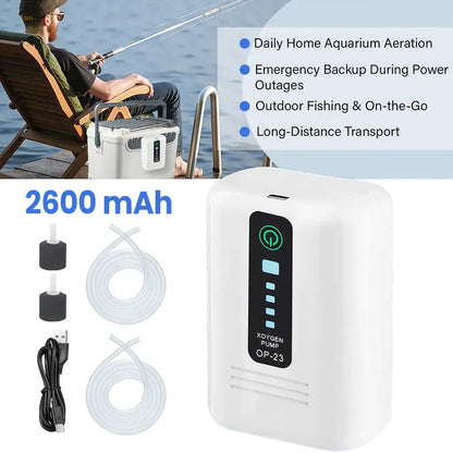 Aquarium Oxygen Pump Black USB Rechargeable Air Pump for Fish Tanks and Bait Buckets with 2 Outlets