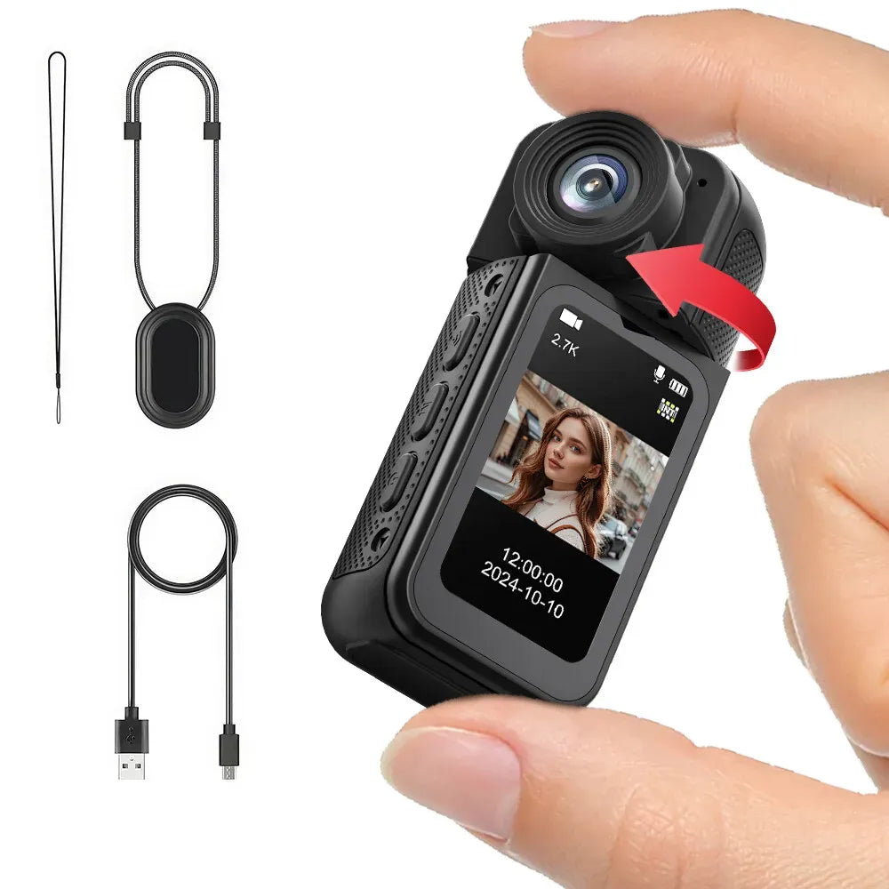 2.7K HD Mini Action Camera with 180° Rotating Lens, Portable Design, 64GB TF Card Included