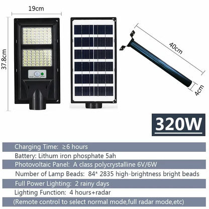 Solar Street LED Light with Radar Sensor, Black, 320W, Outdoor Flood Wall Lamp