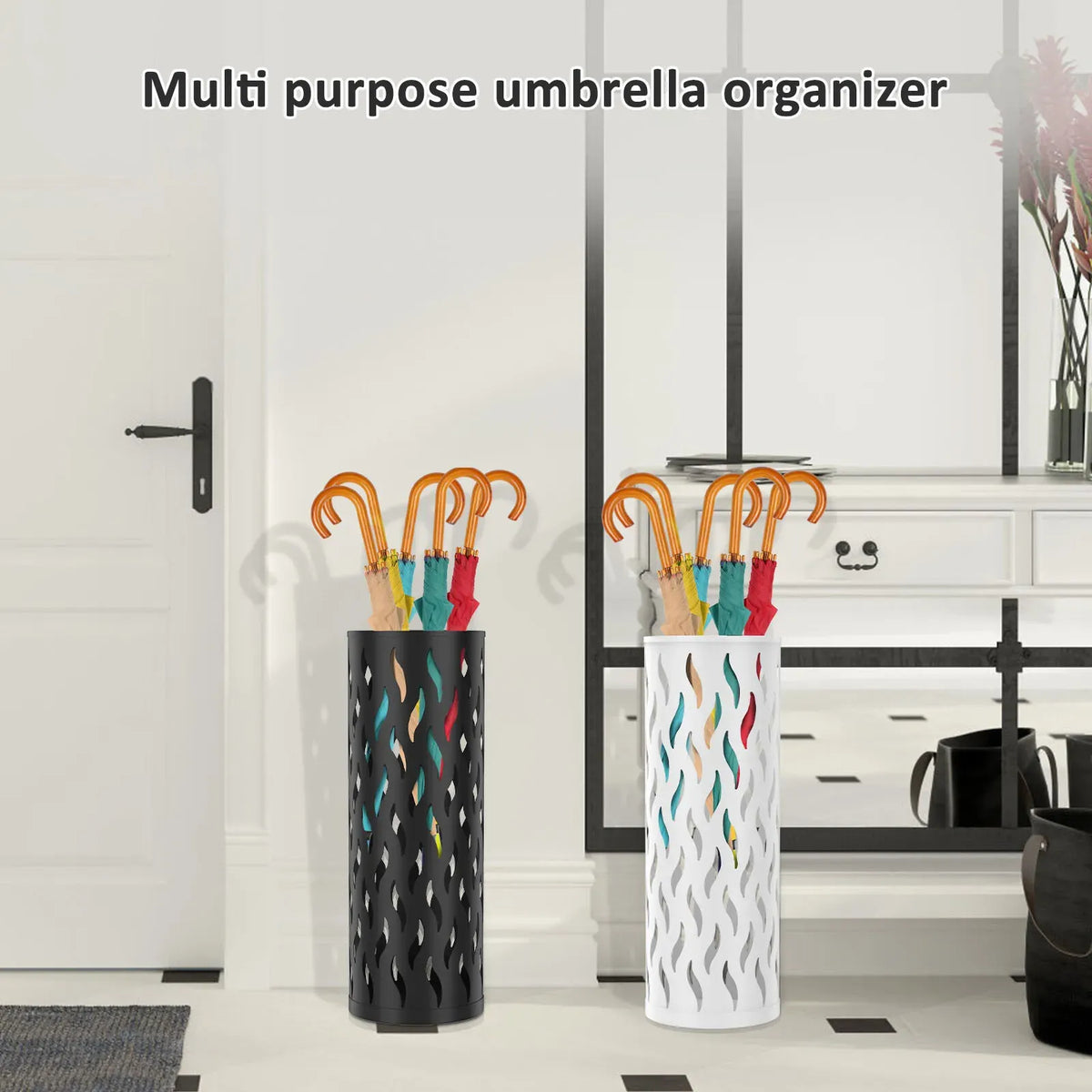Metal Umbrella Stand in Black - Hollowed Design, 15x15x42cm, Holds 4-6 Long Umbrellas