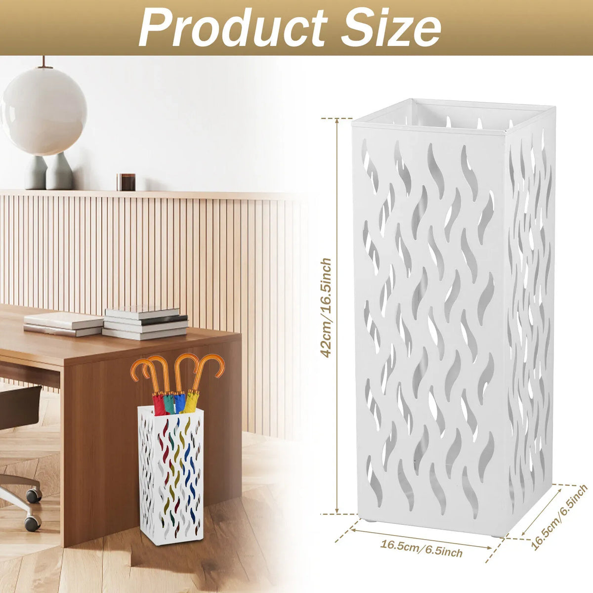 Metal Umbrella Stand Rack in White - Rectangular Design, Holds 4-8 Umbrellas, 16.5x16.5x42cm