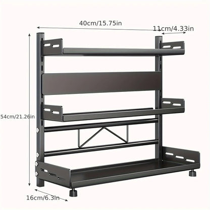 3-Tier Black Stainless Steel Spice Rack Kitchen Condiment Storage Shelf 40x16x54cm