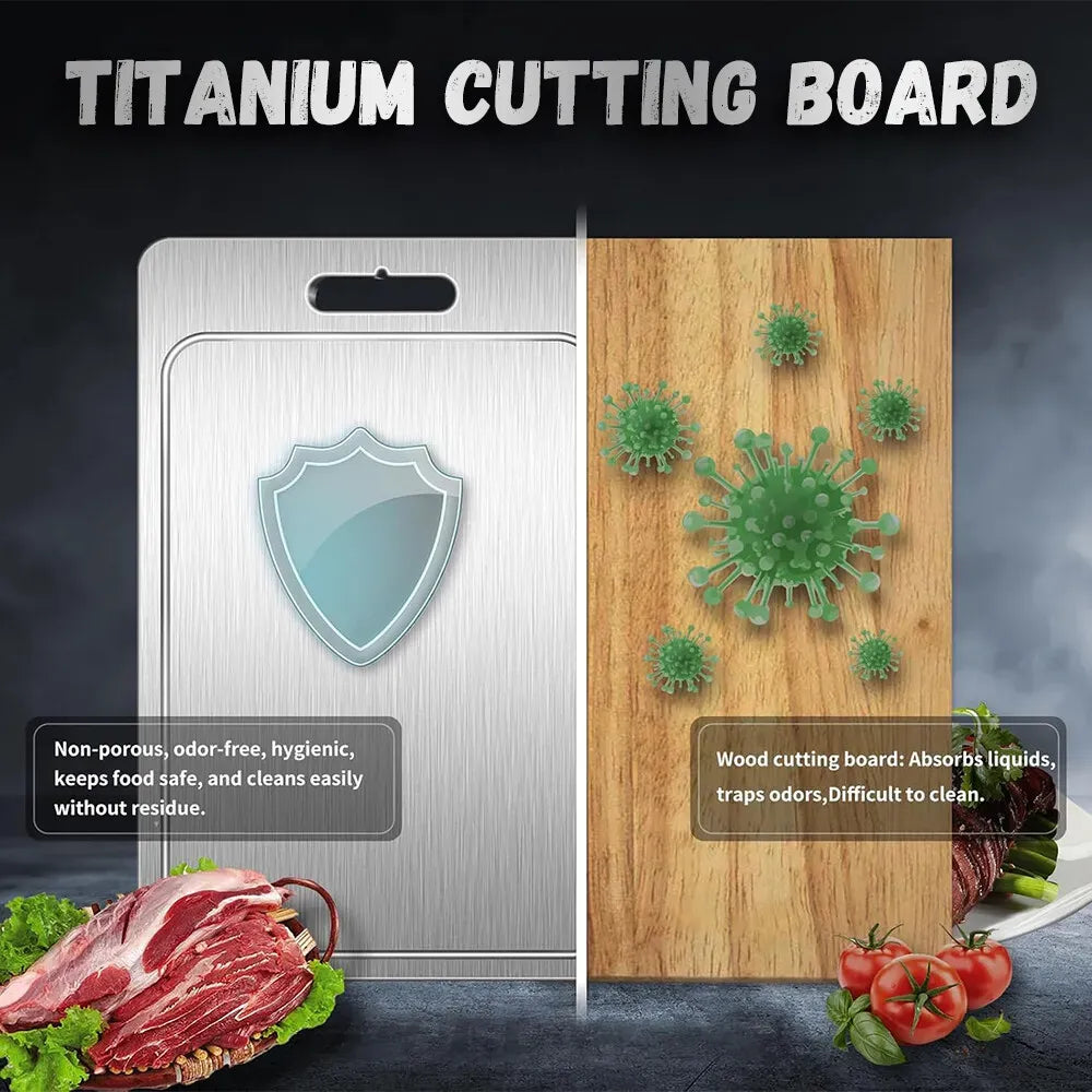Double-Sided Titanium Cutting Board in Silver, 29x20CM, Durable and Heat Resistant