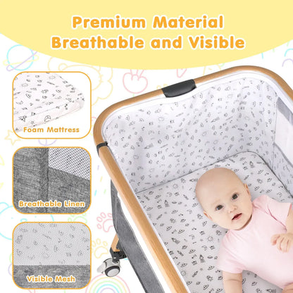 3 in 1 Grey Baby Bassinet Bedside Crib with Mattress, Adjustable Height and Storage Basket