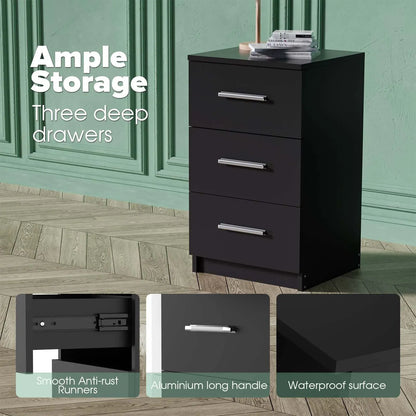 Black White Black Bedside Table with 3 Drawers, Modern Design, 38x35x66cm Storage Cabinet
