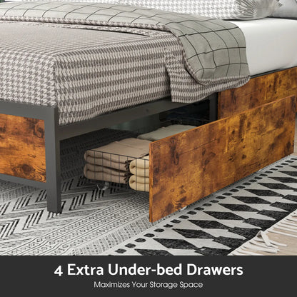 Double Bed Frame with 4 Storage Drawers, Charging Station, USB Ports, Black