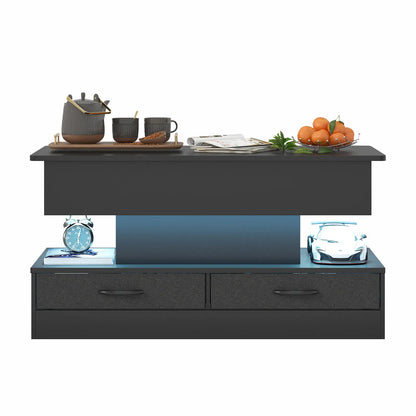 LED Lift Top Coffee Table in Black with 2-Tier Design and Drawers for Living Room