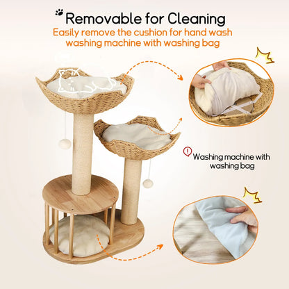 Large Cat Scratching Post Tree Tower with Baskets and Cubby Cave in Natural Wood & White, 60x40x99cm