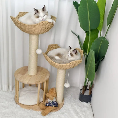 Large Cat Scratching Post Tree Tower with Baskets and Cubby Cave in Natural Wood & White, 60x40x99cm