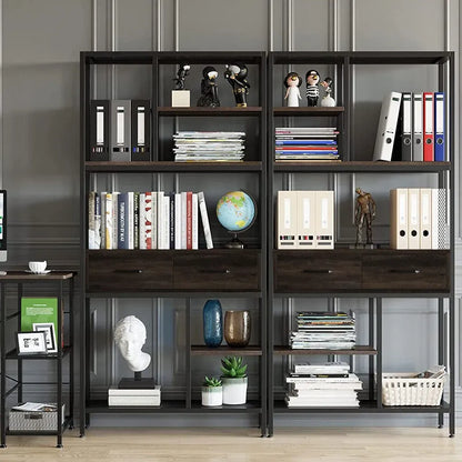 Metal Bookcase With Drawers, Dark Walnut & Black, 90x30x180cm, 6 Shelves