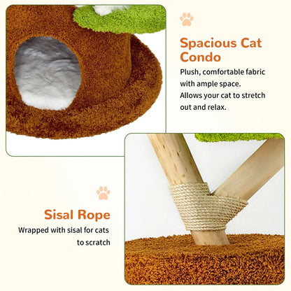 Large Multi-Level Cat Tree Tower in Green & Brown with Plush and Wood Design, 61x148cm