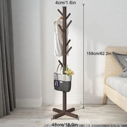 Brown Solid Wood Coat Rack Stand for Entryway - Sturdy Hat and Clothes Hanger