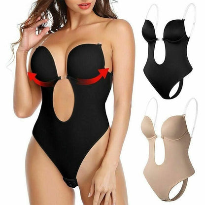 XL Women Deep U Plunge Seamless Push Up Bra Thong Body Shaper Backless Bodysuit - Skin